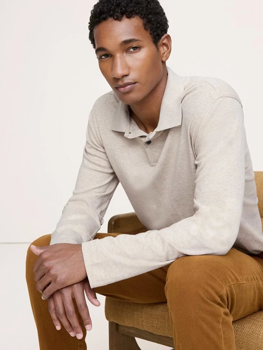 Banana Republic Luxury-Touch Long-Sleeve Polo Color: Oatmeal Size: Large
